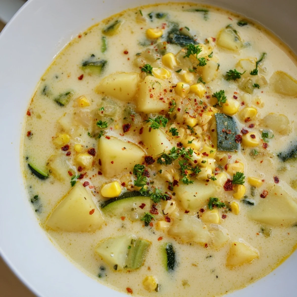 Steaming bowl of hearty potato corn zucchini soup with tender vegetables and golden broth