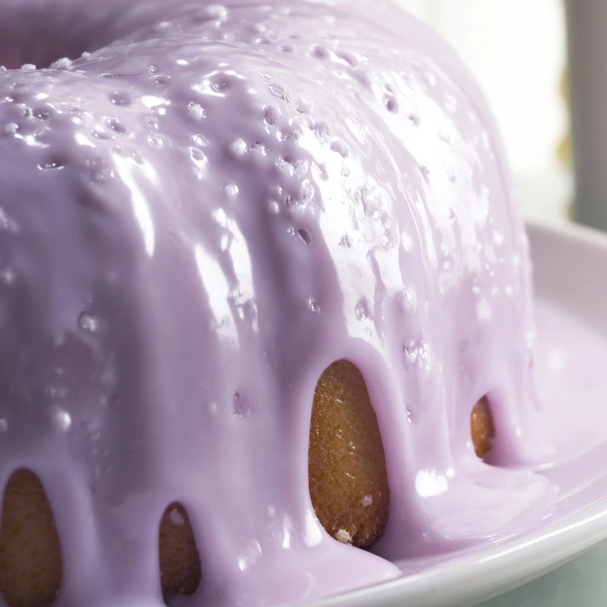 Smooth lavender glaze cascading down a golden pound cake in luscious white ribbons