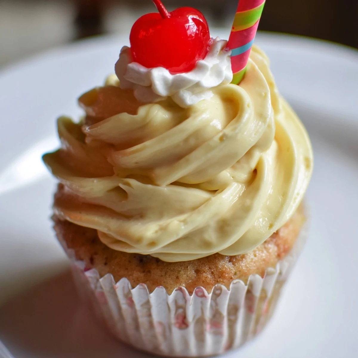 Banana milkshake cupcakes with fluffy frosting crowned by whipped cream and cherries
