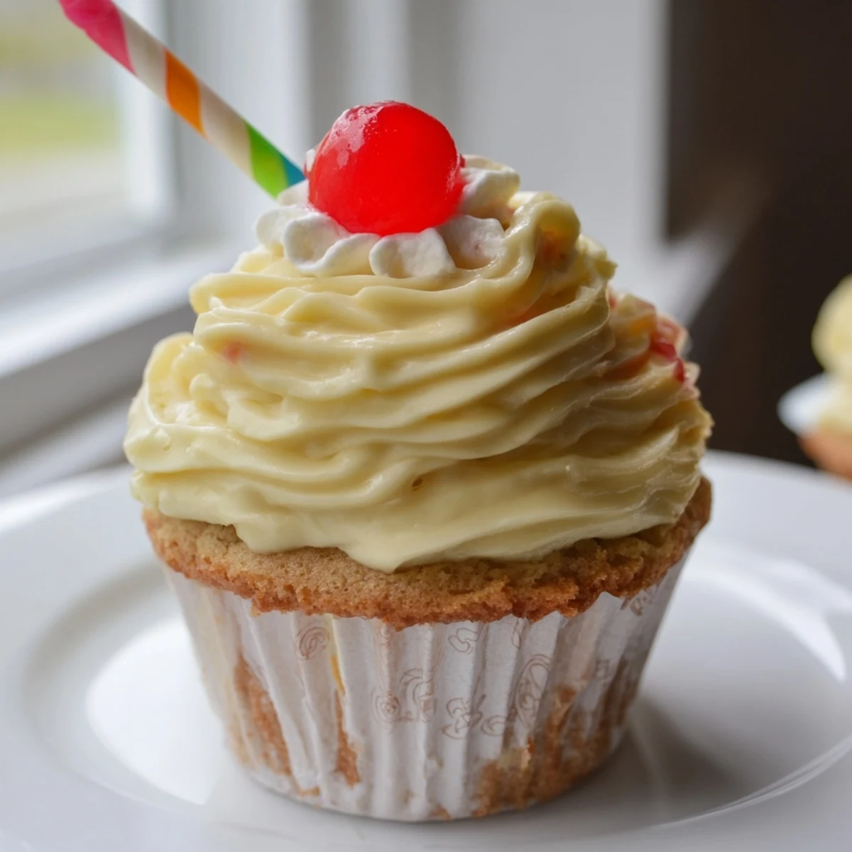 Swirled vanilla frosting tops these moist banana milkshake cupcakes with cherry garnish