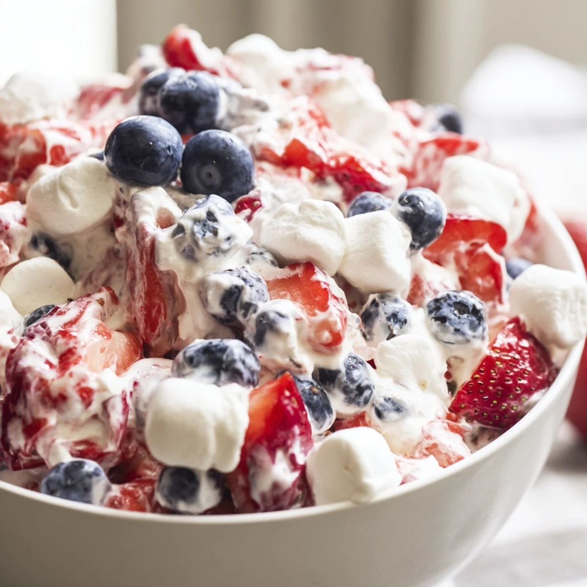Creamy red white blue cheesecake salad topped with fresh juicy berries