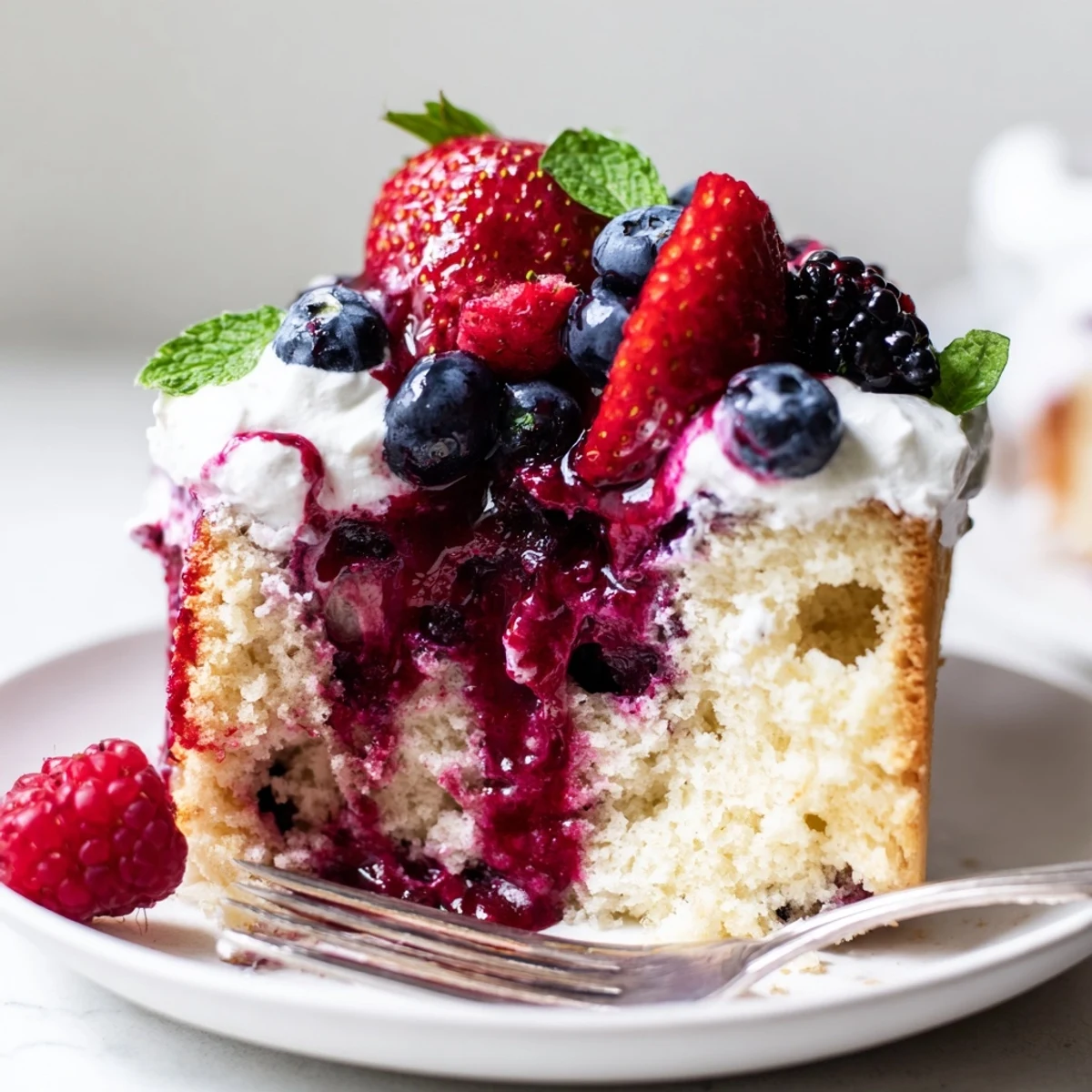 A vibrant summer berry poke cake topped with fluffy whipped cream and fresh berries.
