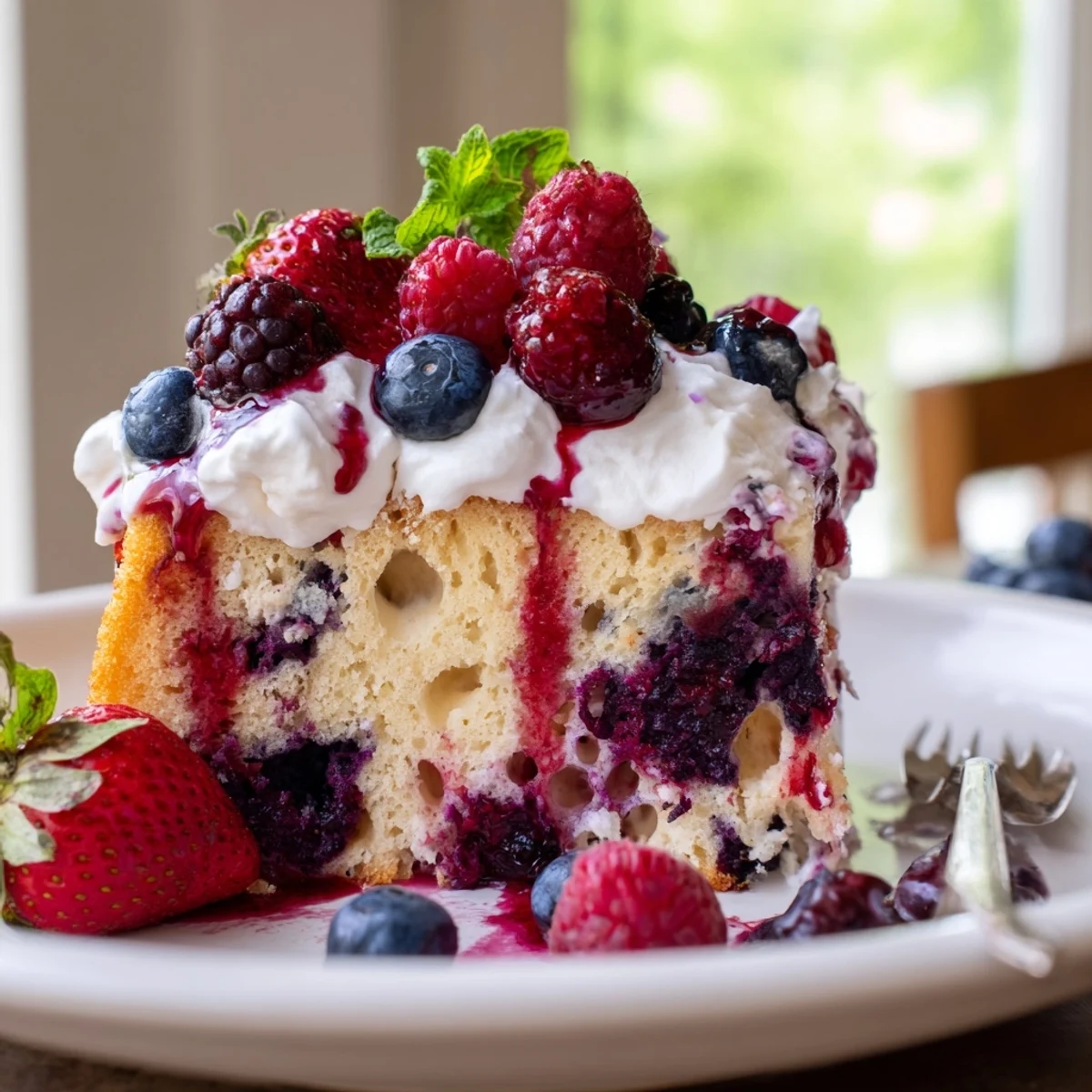A chilled summer berry poke cake slice garnished with raspberries, blackberries, and mint.