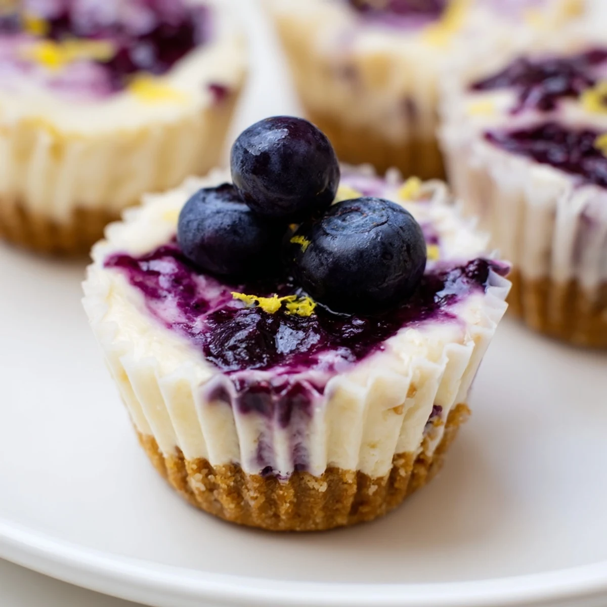 Creamy mini lemon blueberry cheesecakes topped with vibrant purple blueberry compote on golden graham crusts