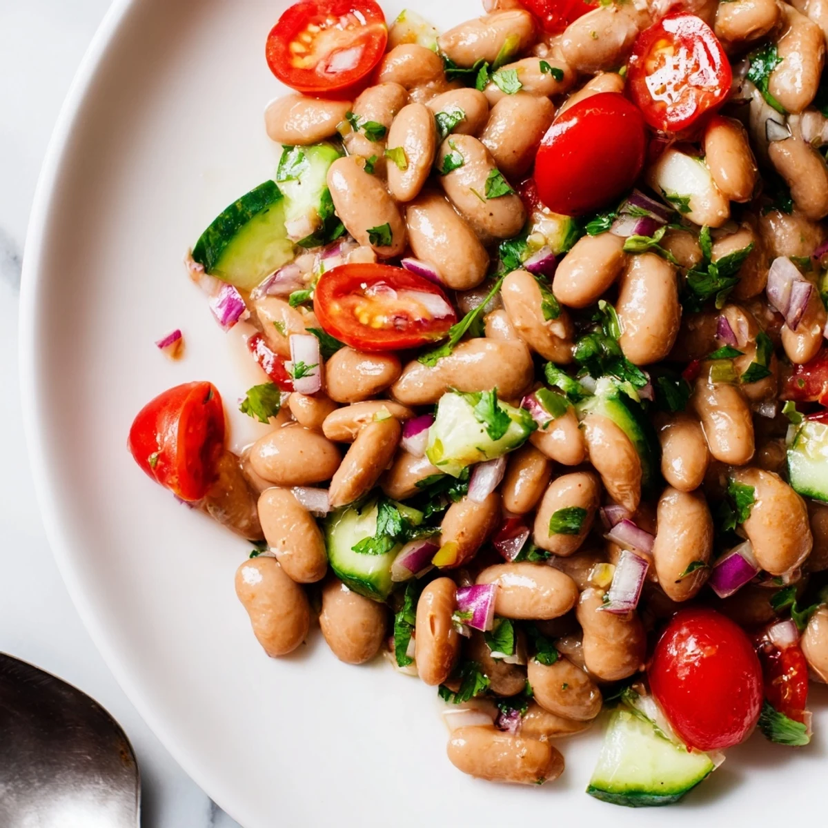 Hearty pinto bean salad tossed with diced cucumber, bell pepper, and zesty lime dressing