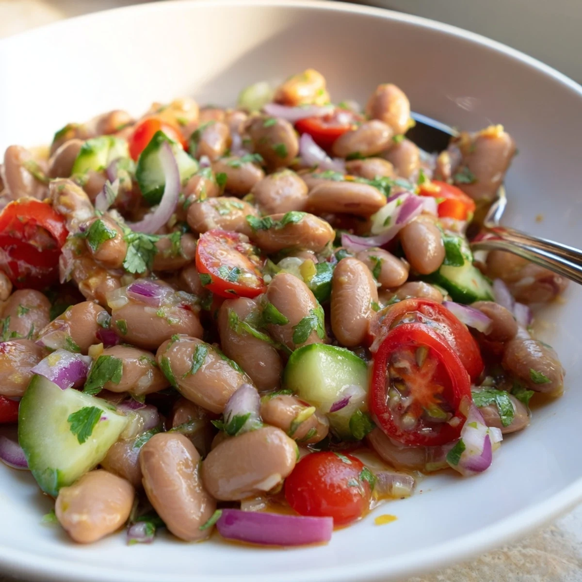 Fresh pinto bean salad garnished with cilantro and served in a rustic wooden bowl