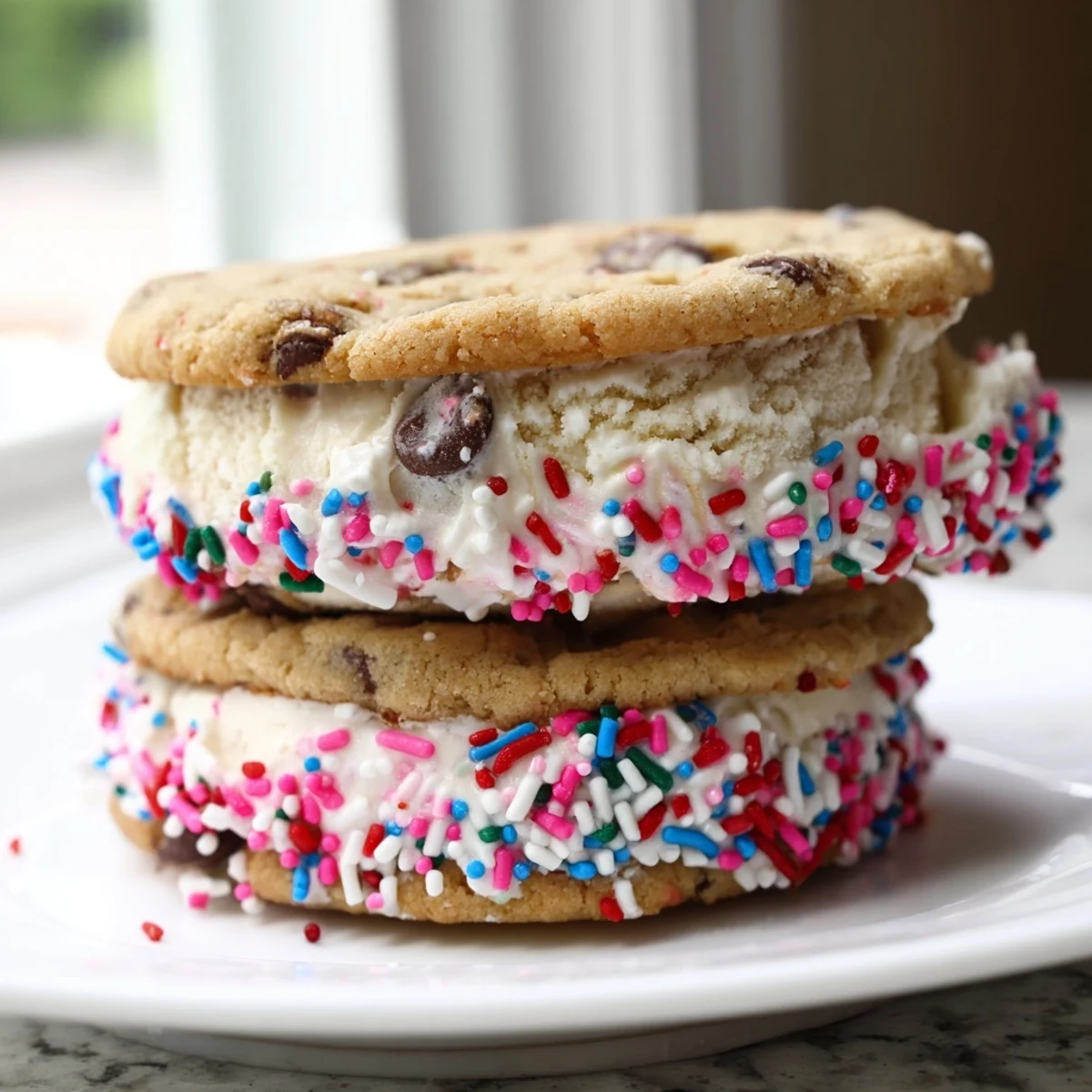 Patriotic Mini Ice Cream Sandwiches coated in colorful red, white, and blue sprinkles on a summer dessert tray