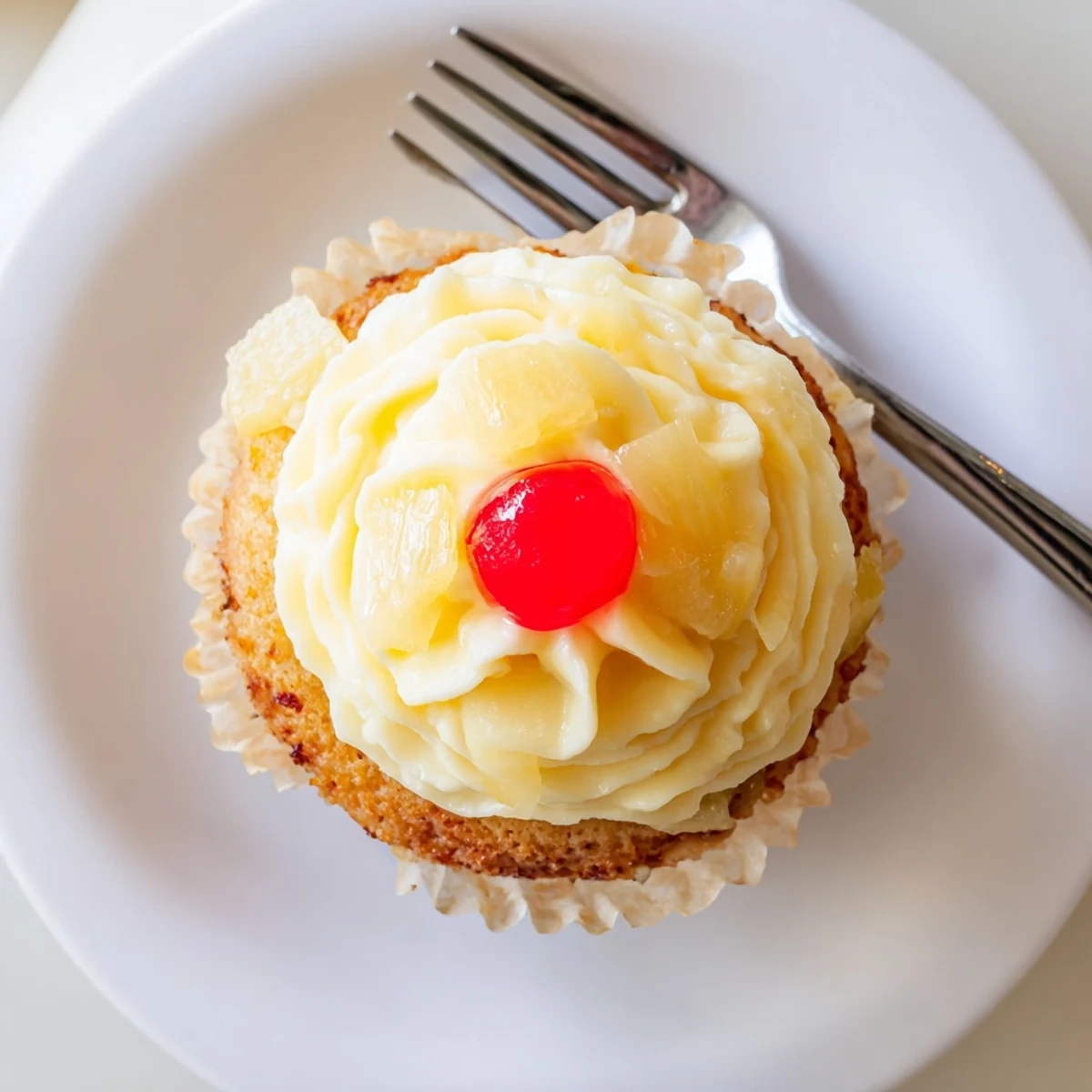 Moist pineapple Dole Whip Cupcakes swirled with creamy yellow frosting on a platter