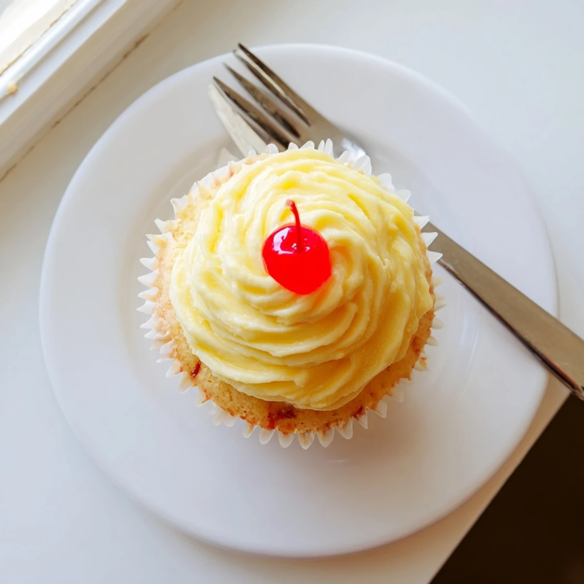 A tray of tropical Dole Whip Cupcakes with light whipped frosting and pineapple wedges