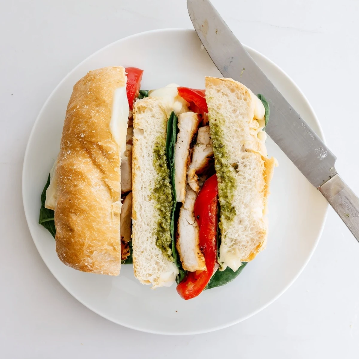 Sliced tomato and fresh arugula layering this warm chicken pesto sandwich recipe on ciabatta