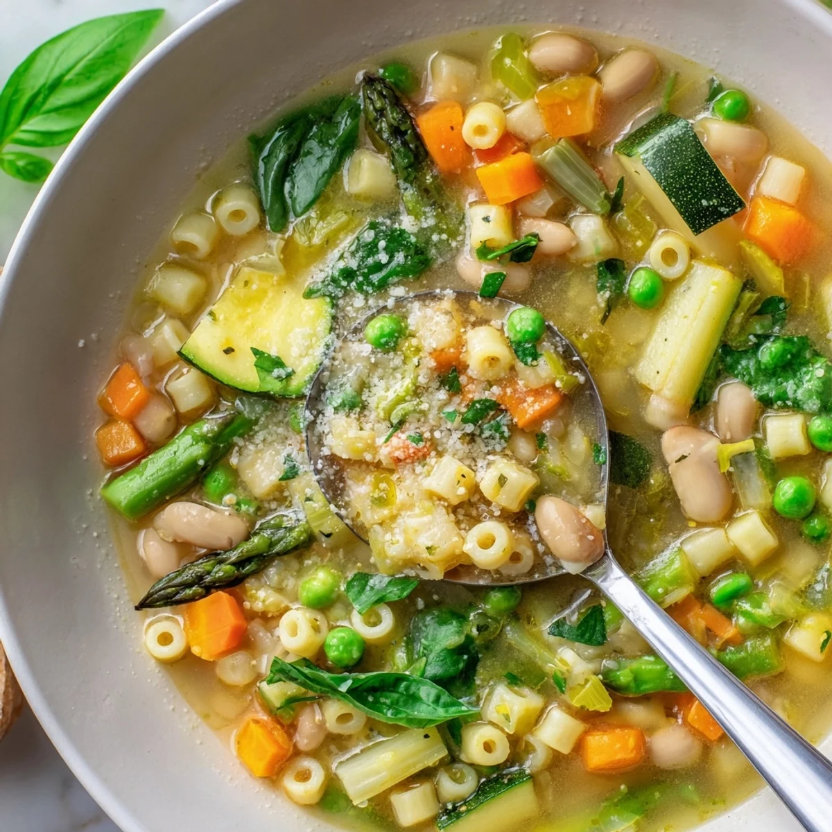 Steaming bowl of spring minestrone soup recipe with bright green vegetables and ditalini pasta