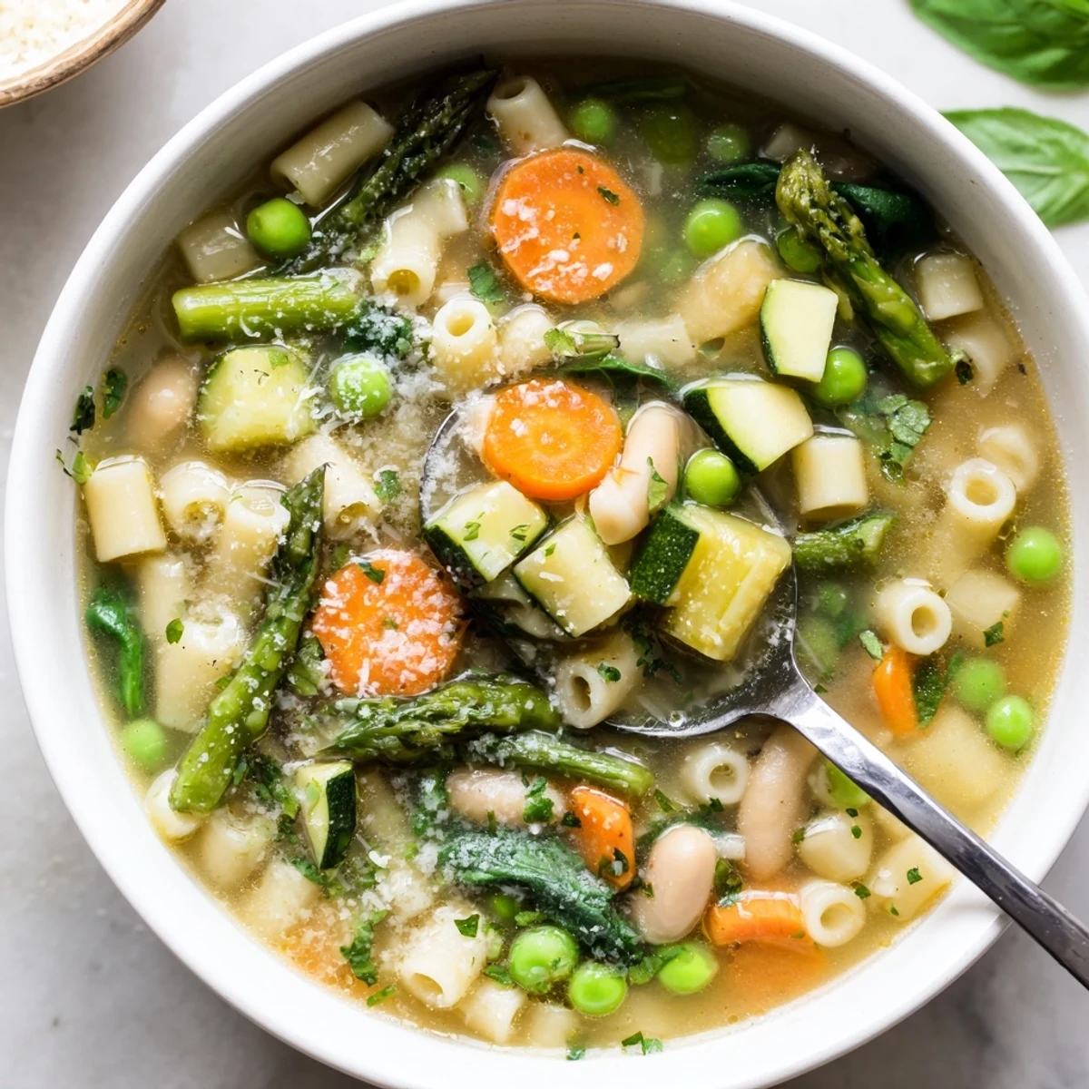 Spring minestrone soup recipe ladled into a rustic bowl topped with grated Parmigiano Reggiano