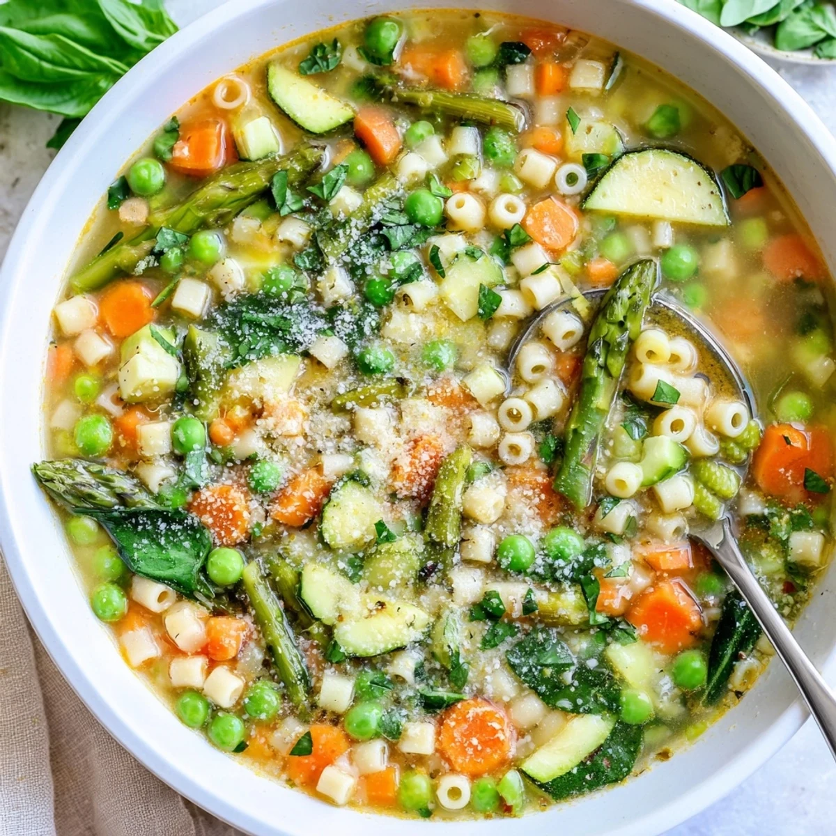 Colorful spring minestrone soup recipe featuring tender asparagus peas and fresh basil garnish