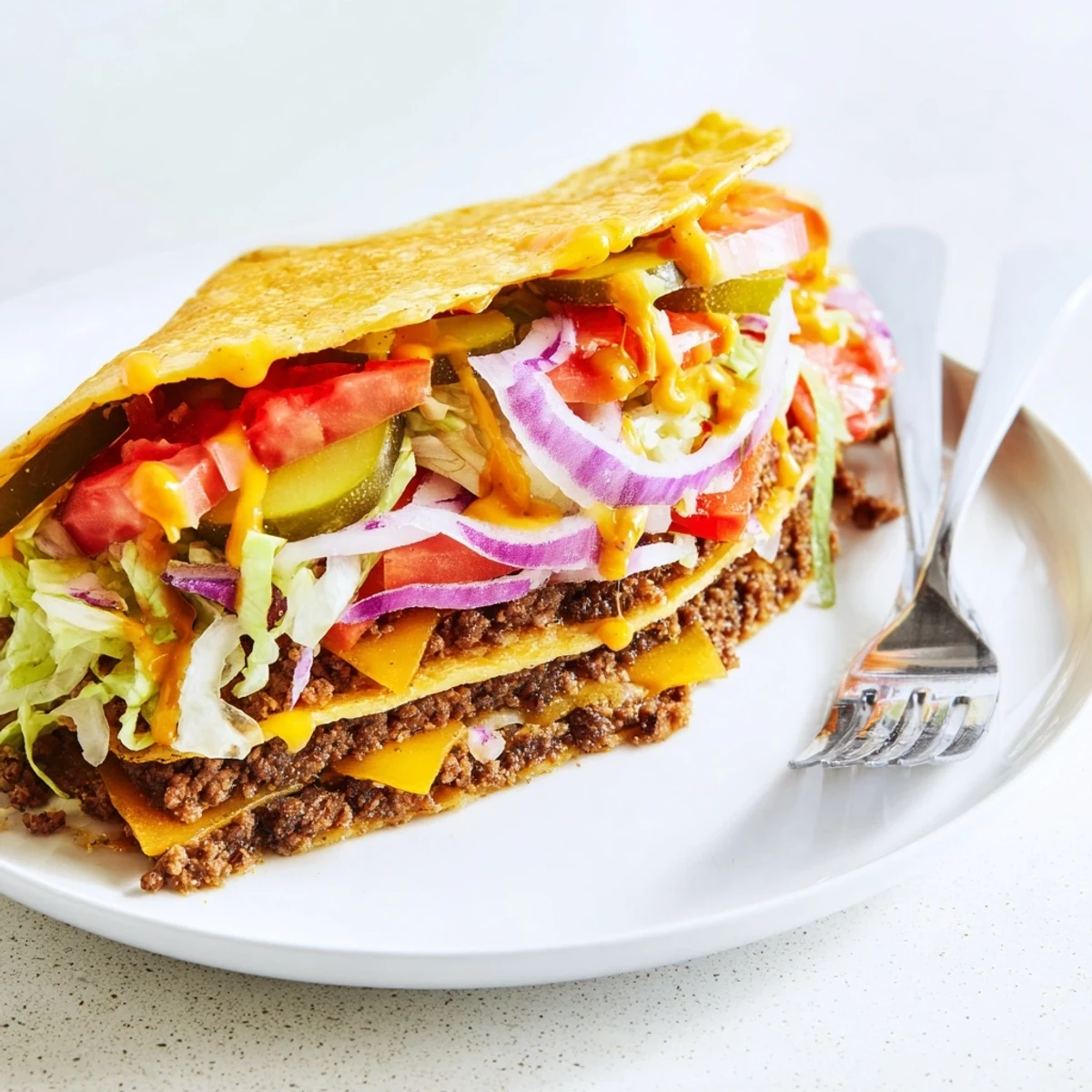 Golden flour tortilla smash burger tacos piled with lettuce and pickles