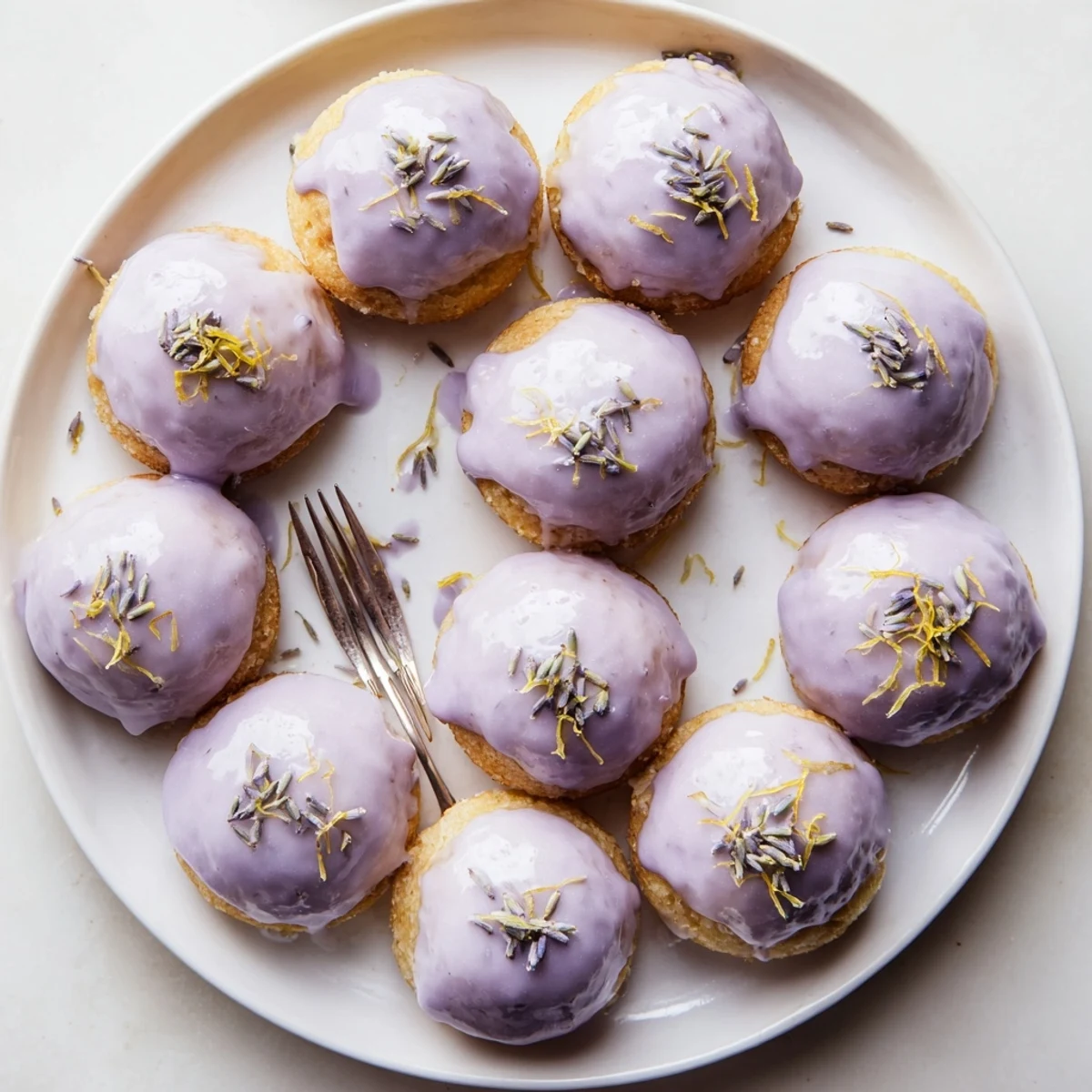 Golden mini lemon cakes with lavender glaze drizzled over tender crumb tops