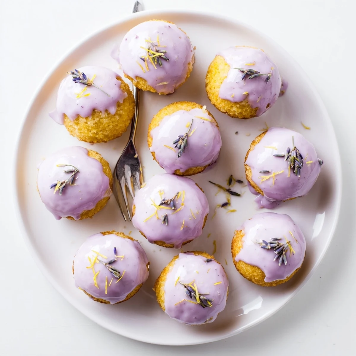 A batch of mini lemon cakes with lavender glaze cooling on a wire rack