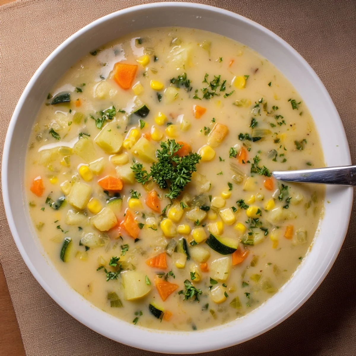 Golden hearty potato corn zucchini soup with tender diced vegetables and corn
