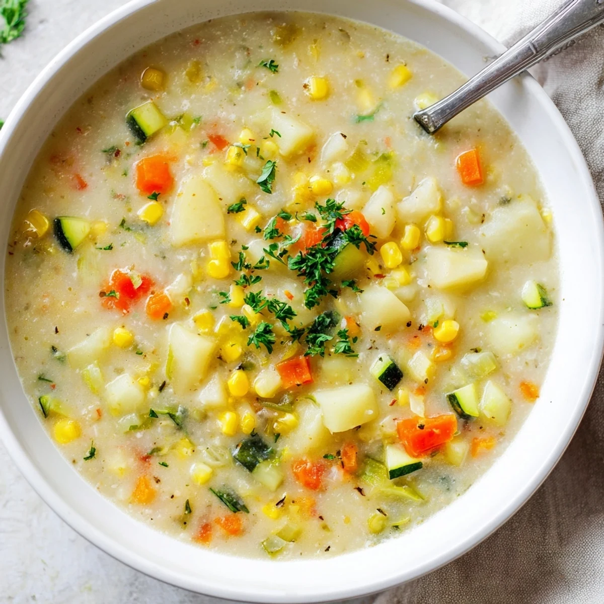 Steaming bowl of hearty potato corn zucchini soup topped with fresh parsley