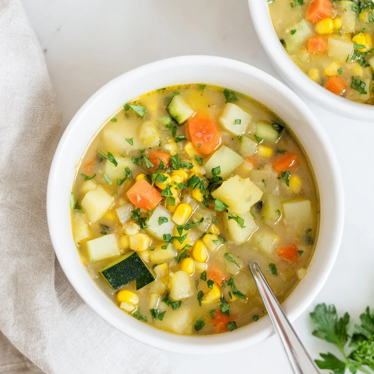 Creamy hearty potato corn zucchini soup ladled into a rustic bowl