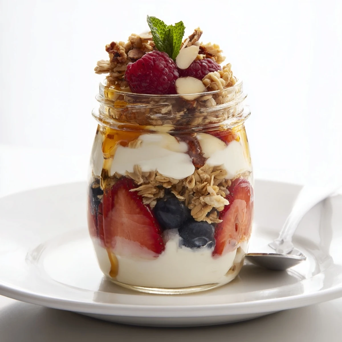 Chilled Greek Yogurt Parfait in glass jars, honey drizzle and mint.
