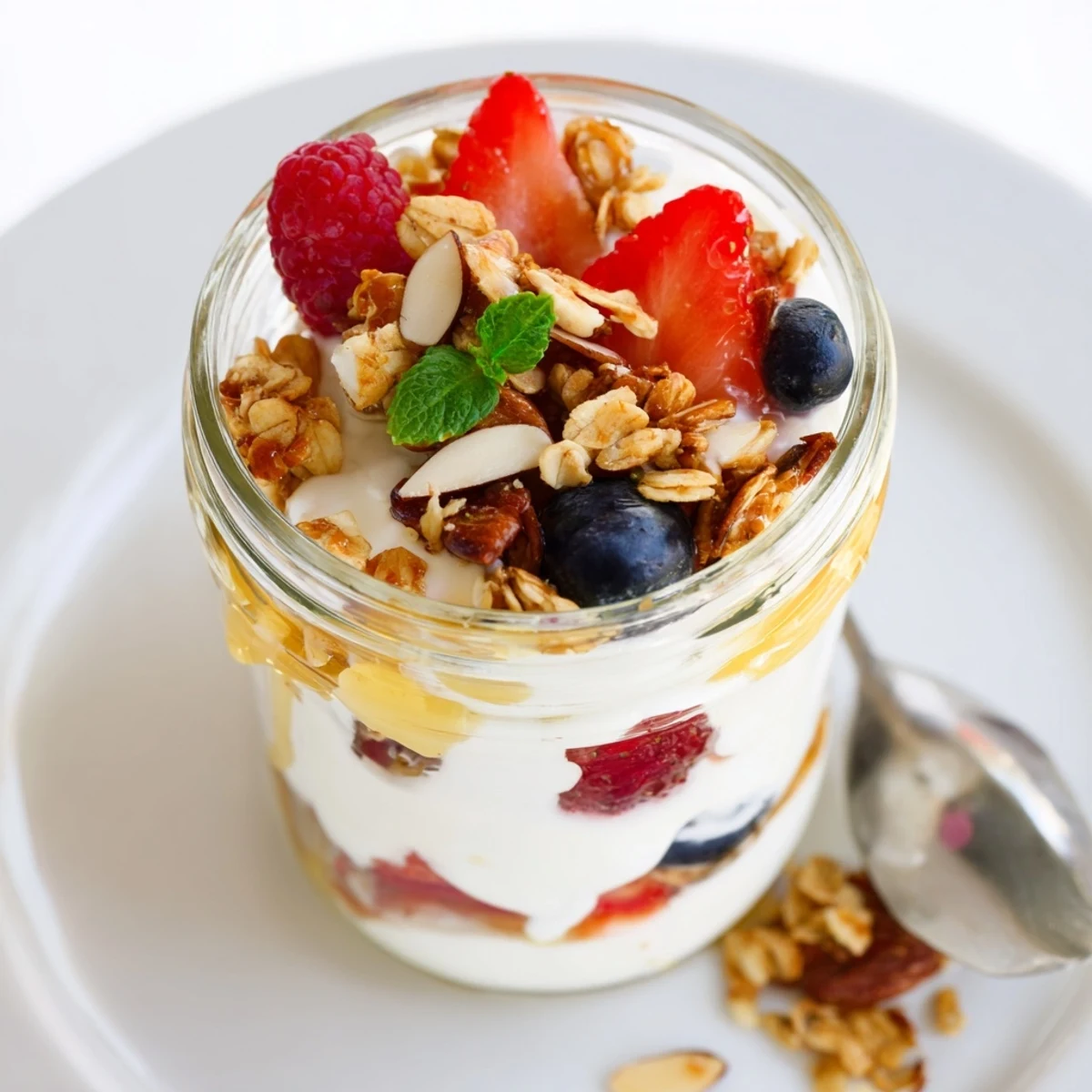 Greek Yogurt Parfait layered with creamy base, ripe berries, crunchy granola.