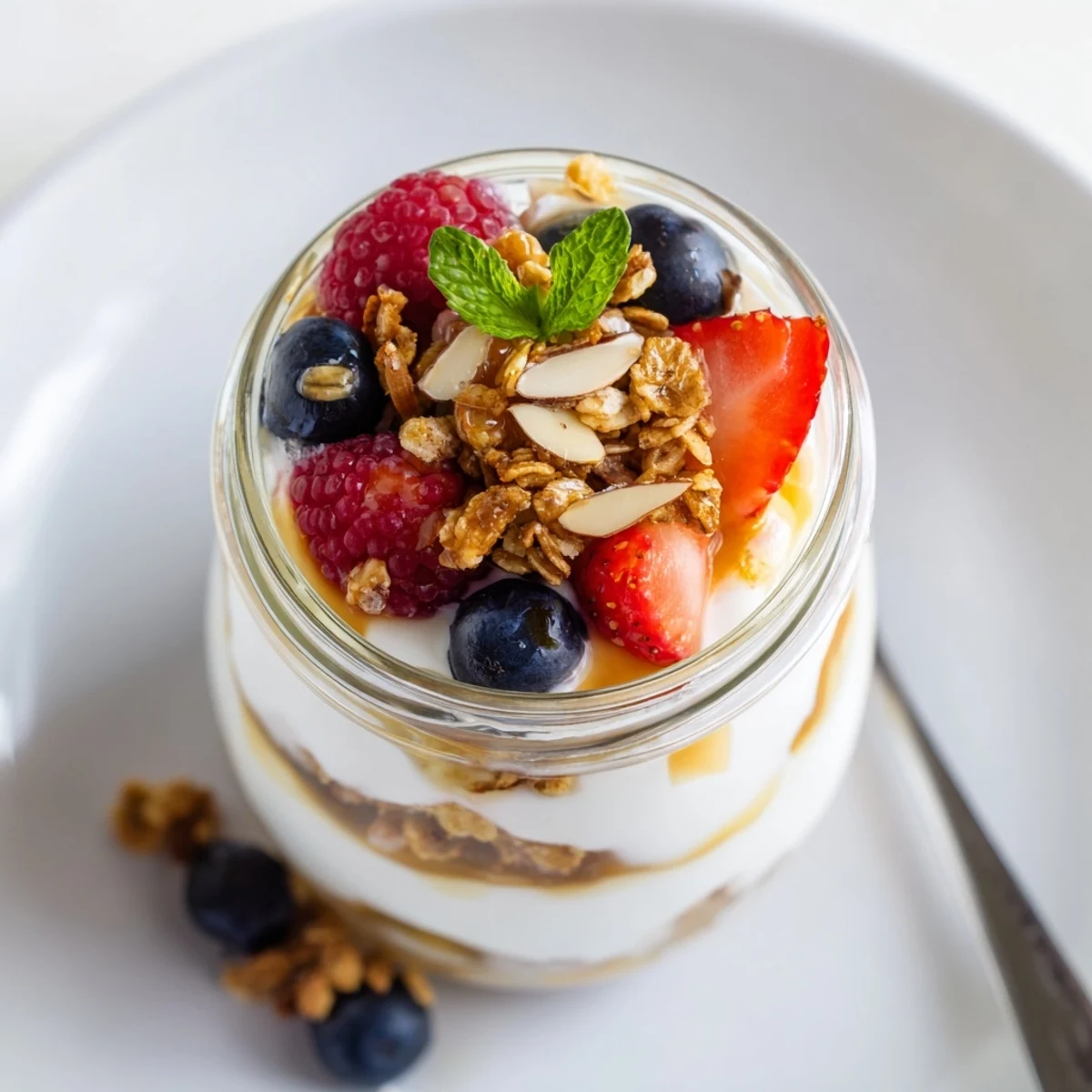 Easy Greek Yogurt Parfait for breakfast, bright berries, topped with toasted nuts.