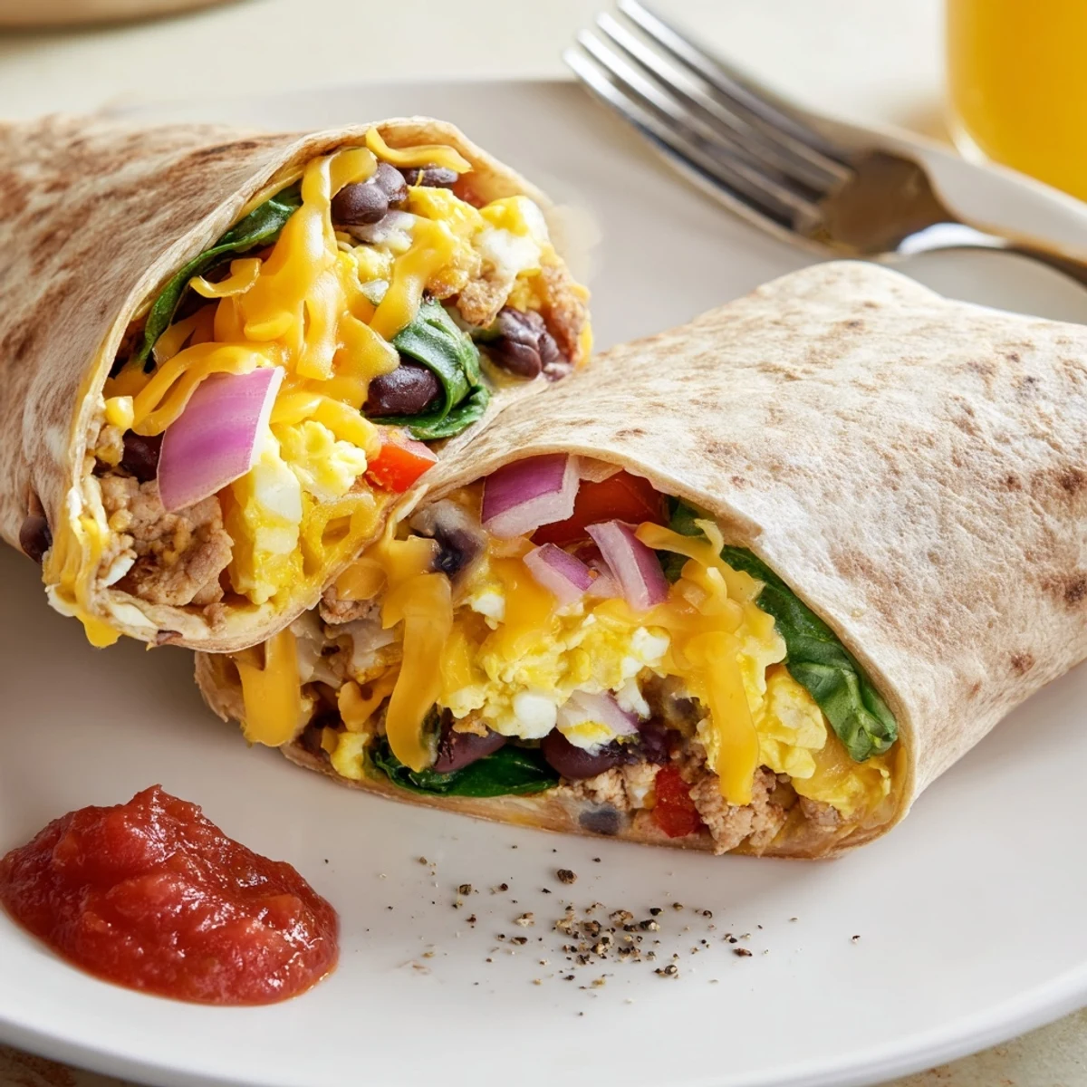 Protein Breakfast Burrito overflowing with scrambled eggs, turkey, melted cheddar, warm