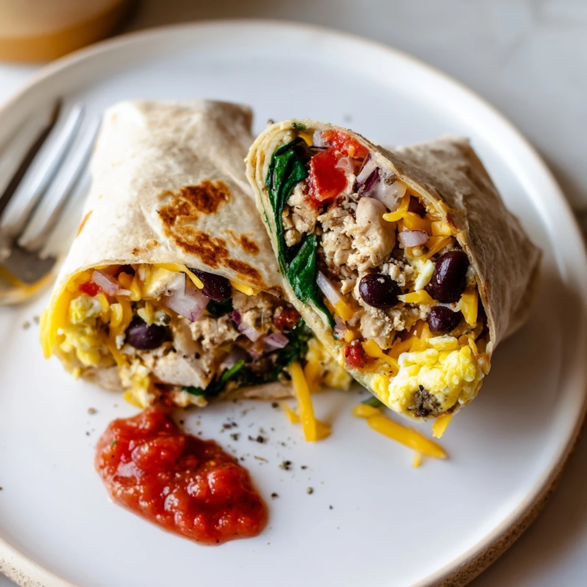 Warm Protein Breakfast Burrito sliced in half, revealing spinach, beans, salsa
