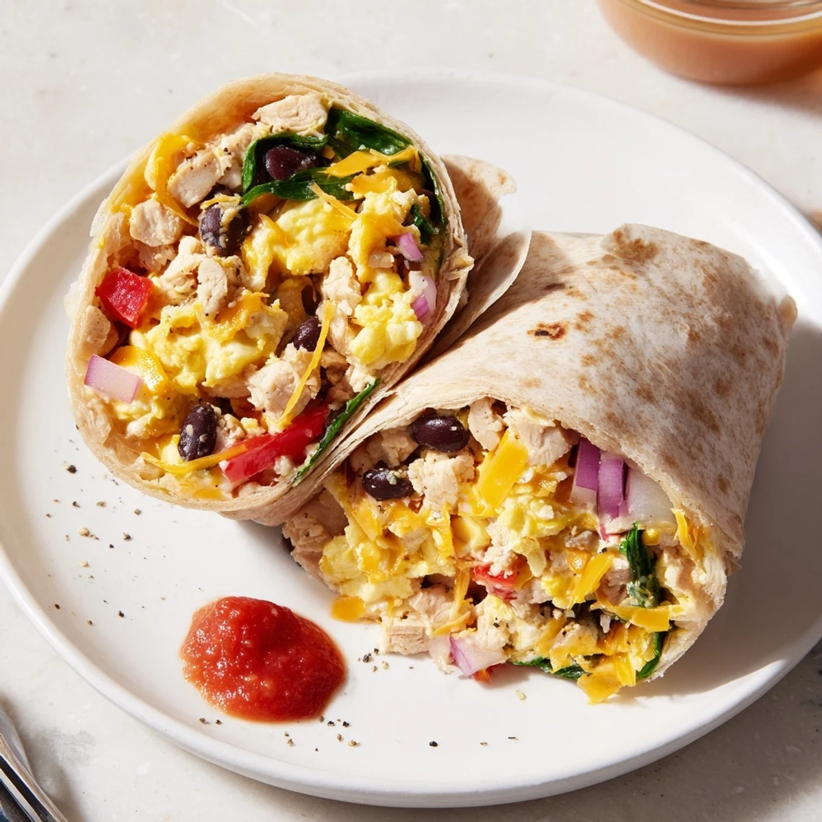 Hearty Protein Breakfast Burrito rolled in whole wheat tortilla, ready to eat