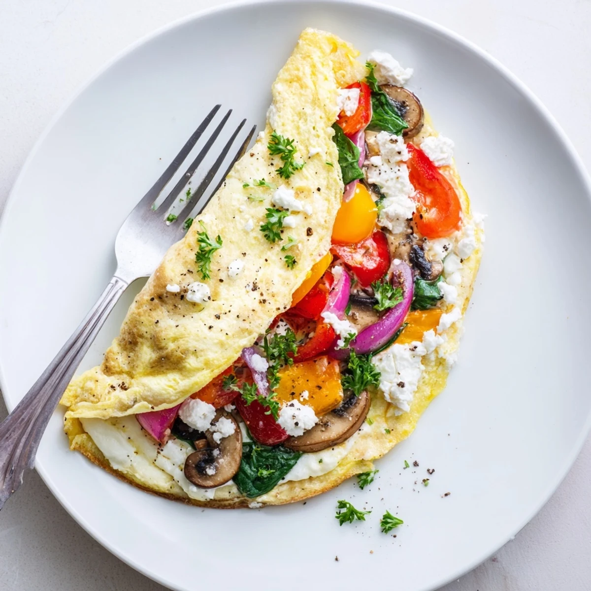 Skillet-cooked Egg White Omelette with Vegetables, wilted spinach and melty feta.