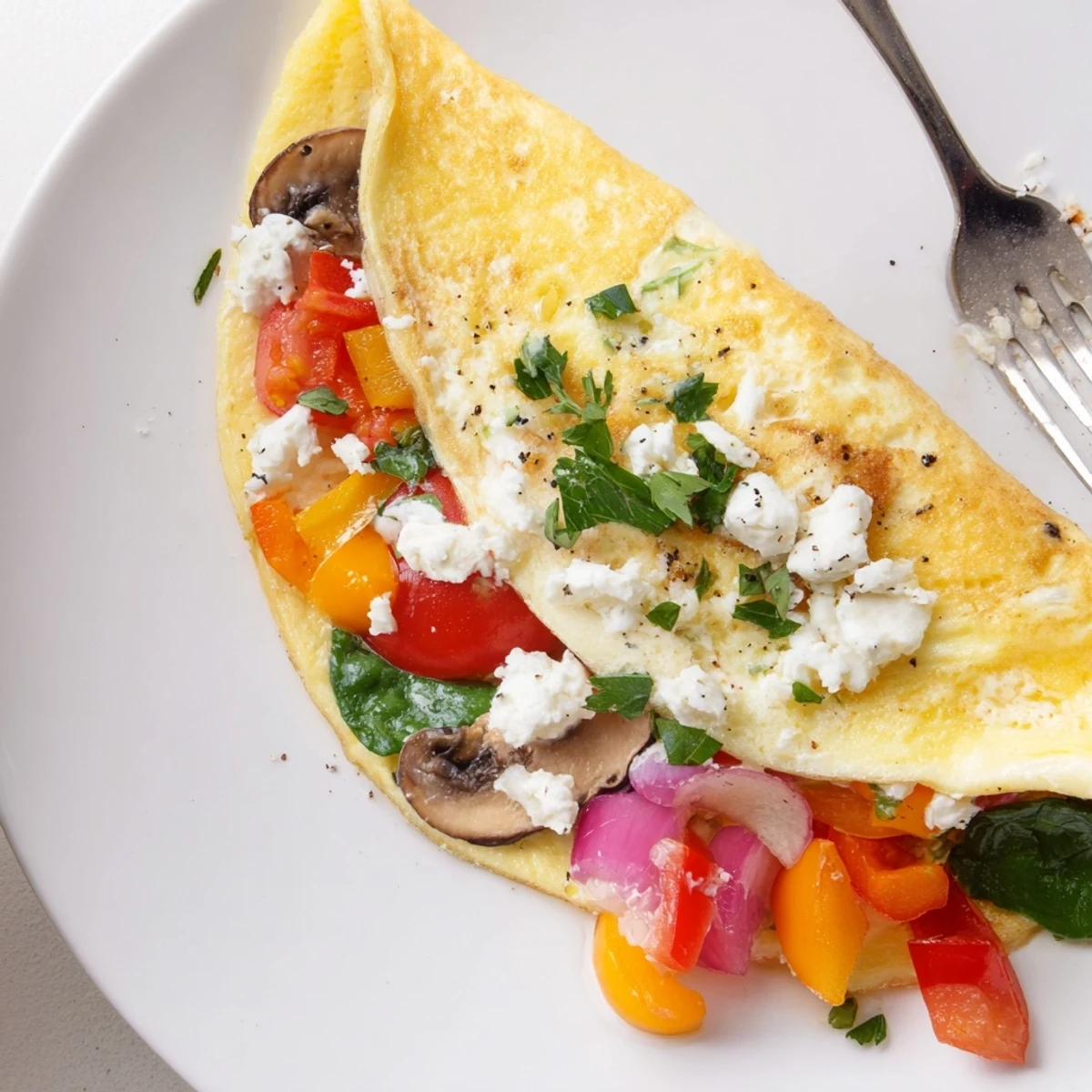 Fluffy Egg White Omelette with Vegetables, sauteed peppers and tomatoes, parsley garnish.