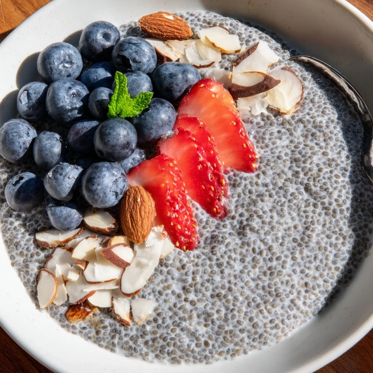 Creamy Chia Seed Pudding topped with fresh berries and toasted almonds