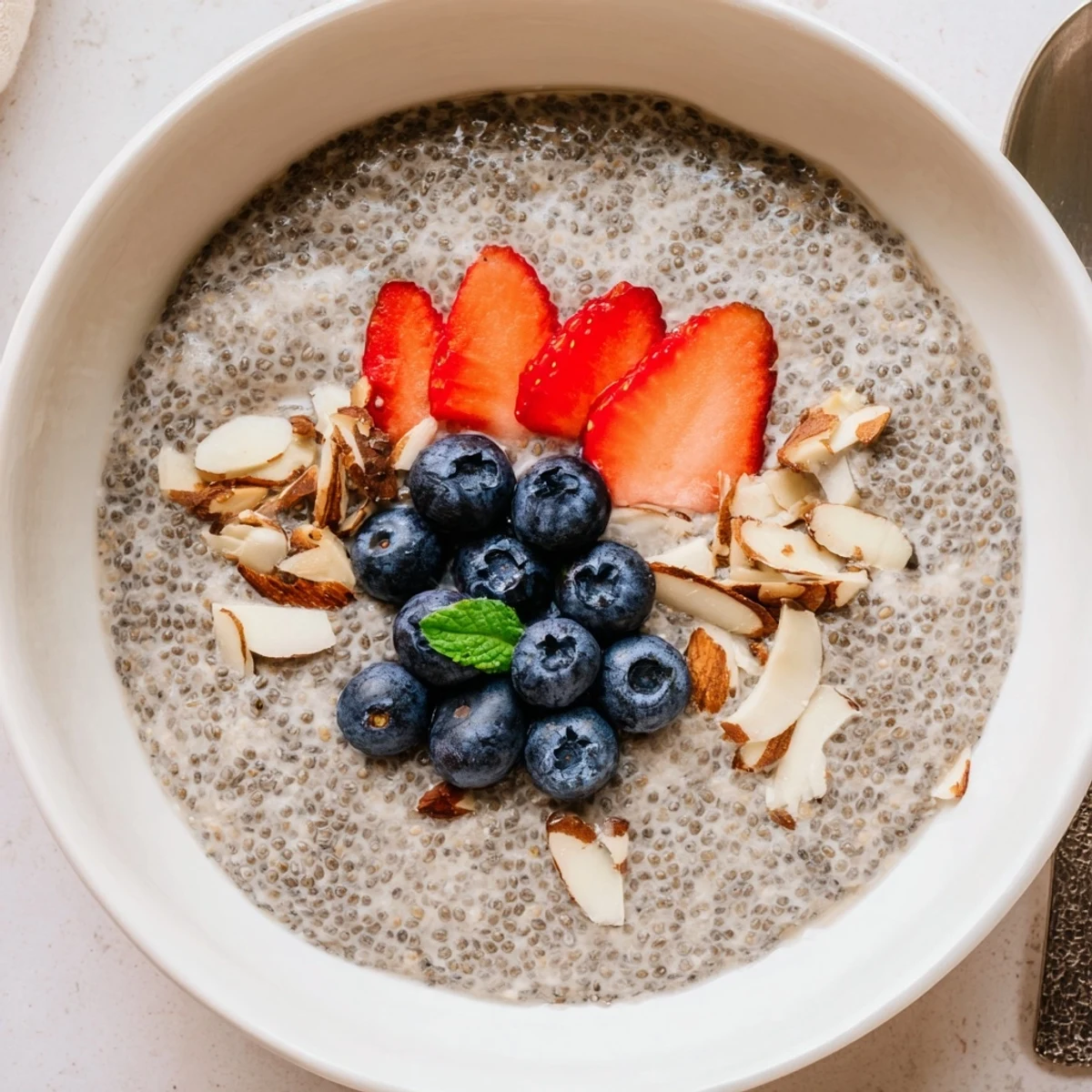 Velvety Chia Seed Pudding flavored with vanilla and maple, spoon beside