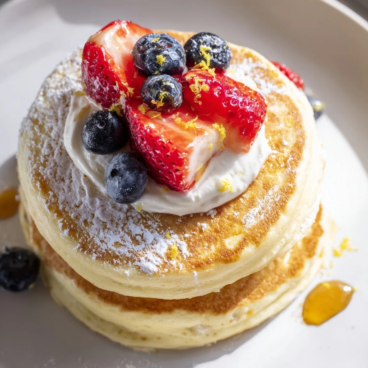 Cottage Cheese Pancakes stacked, golden edges, fluffy centers drizzled with maple syrup