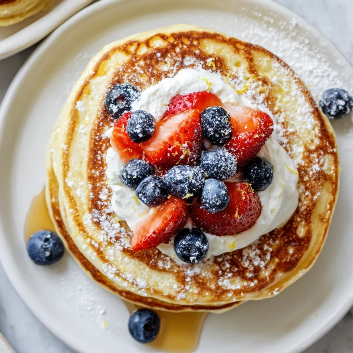 Light Cottage Cheese Pancakes topped with fresh berries and creamy Greek yogurt