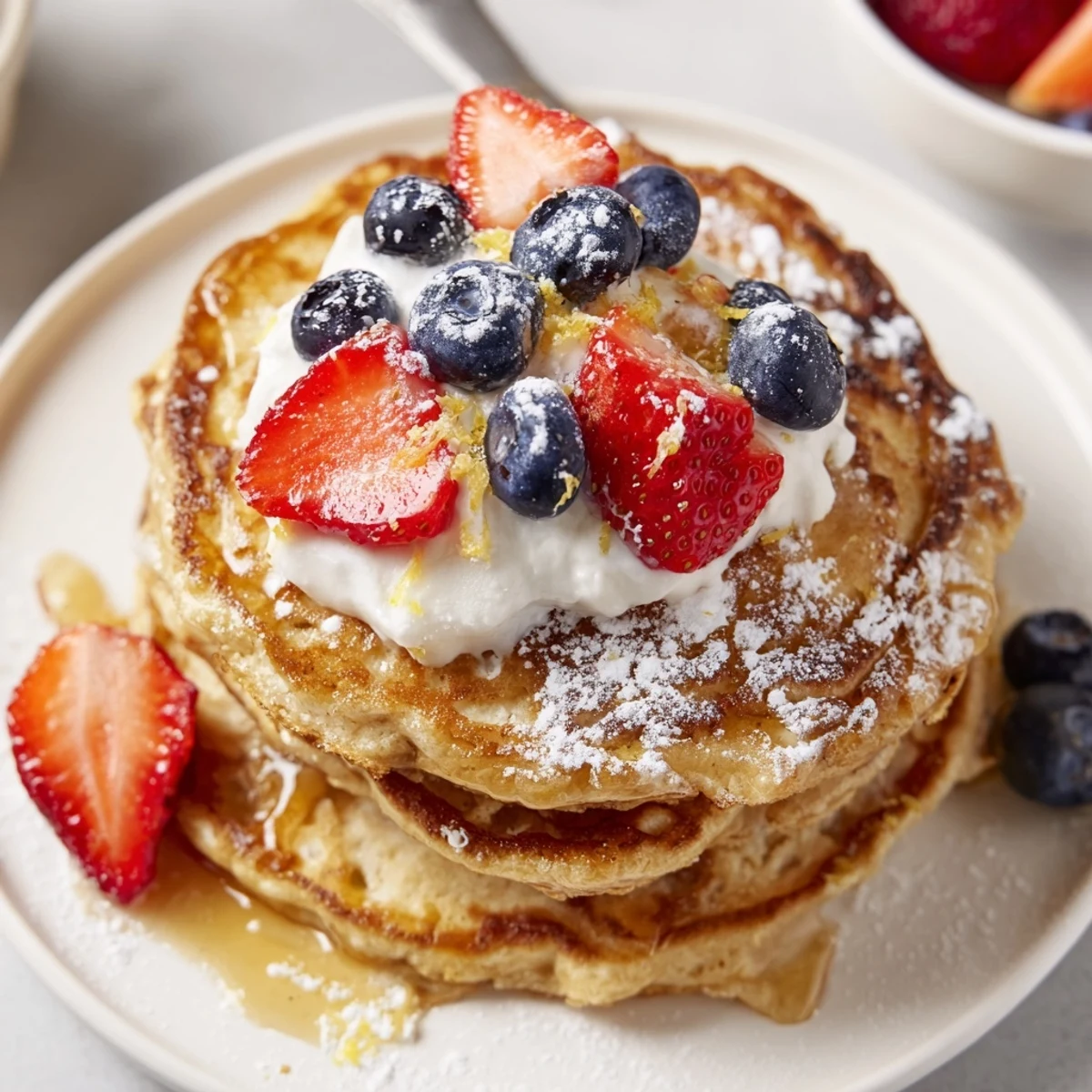 Warm Cottage Cheese Pancakes on skillet, bubbling edges, ready to serve
