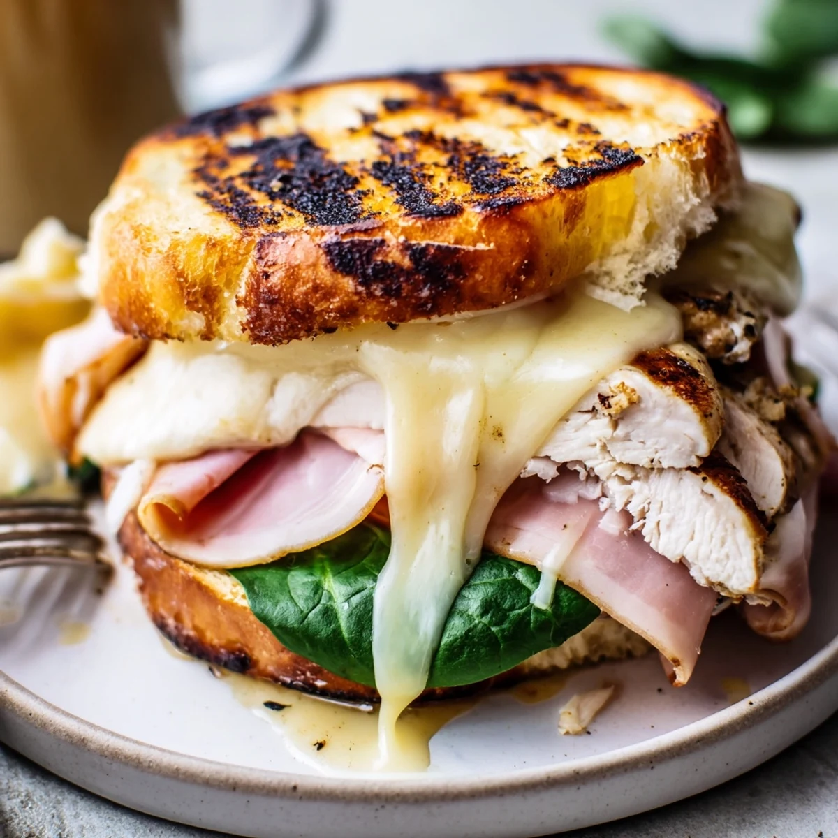 Grilled Chicken Cordon Bleu Sandwich with melty Swiss, smoky ham, toasted brioche