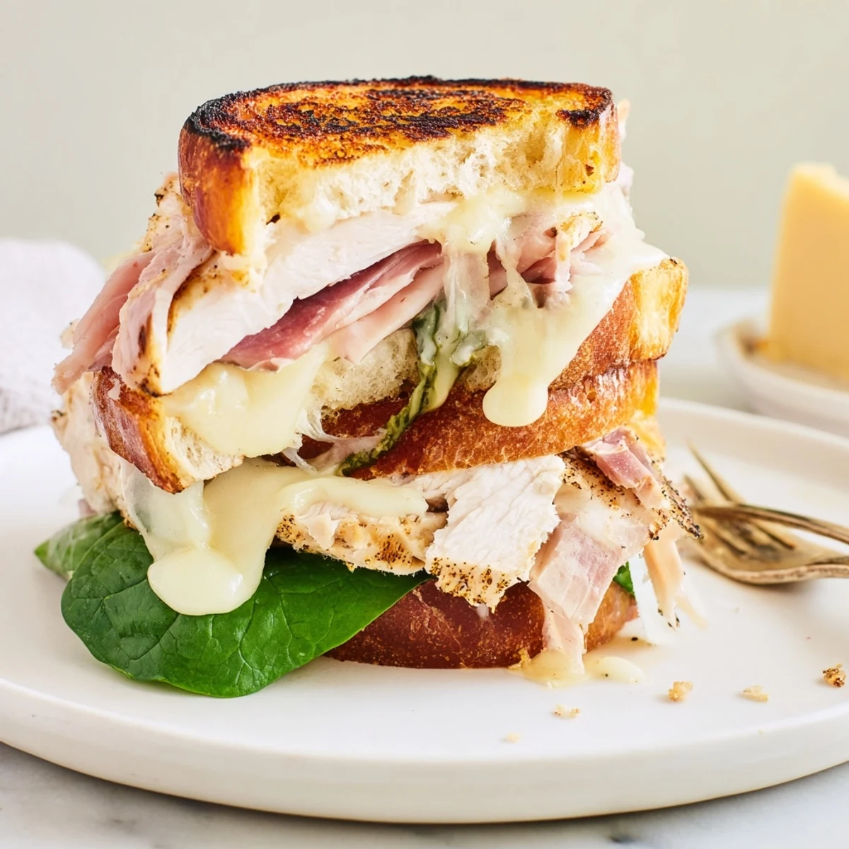 Juicy Grilled Chicken Cordon Bleu Sandwich oozing Dijon sauce, served with crisp lettuce