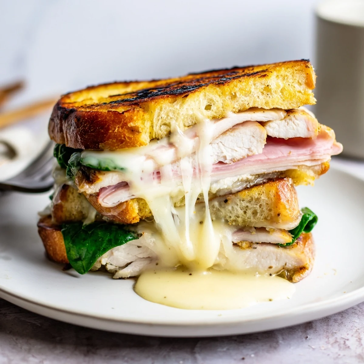 Creamy Dijon-drizzled Grilled Chicken Cordon Bleu Sandwich hot off the grill