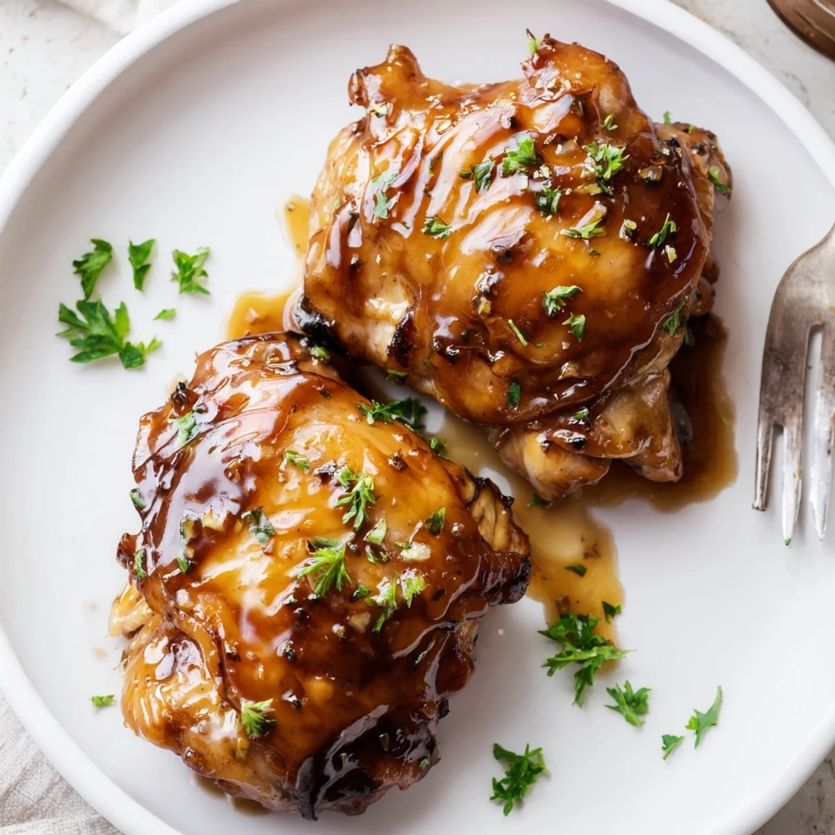 Maple Glazed Chicken Thighs with sticky golden skin, roasted, parsley garnish