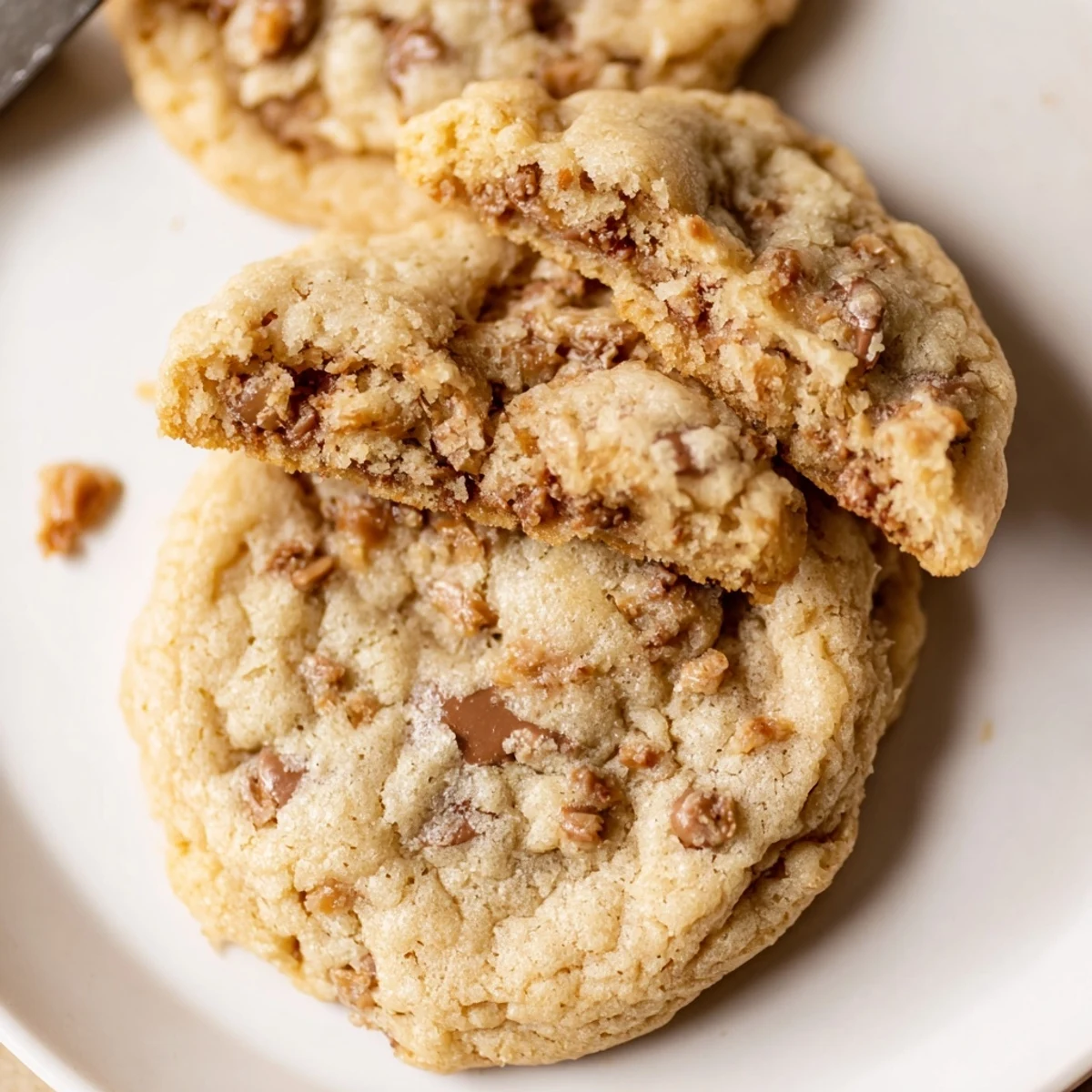 Chocolate Dipped Toffee Cookies on a wire rack, glossy chocolate and crunchy toffee