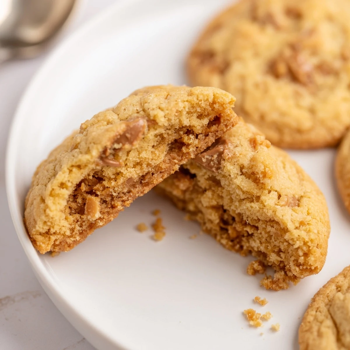 Plate of Chocolate Dipped Toffee Cookies with melted chocolate drip, buttery aroma