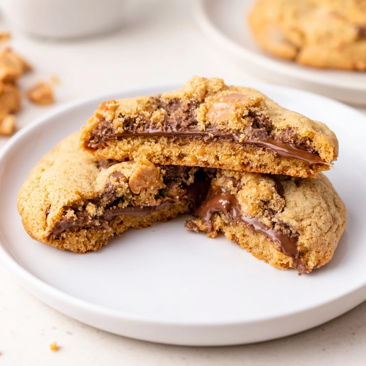 Freshly baked Chocolate Dipped Toffee Cookies stacked, crisp edges and chewy centers