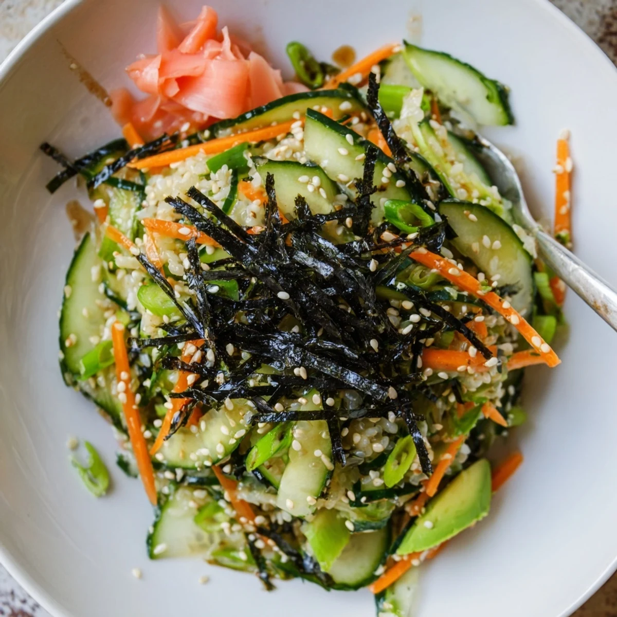 Sushi Cucumber Salad with glossy nori strips and sesame seeds, chilled