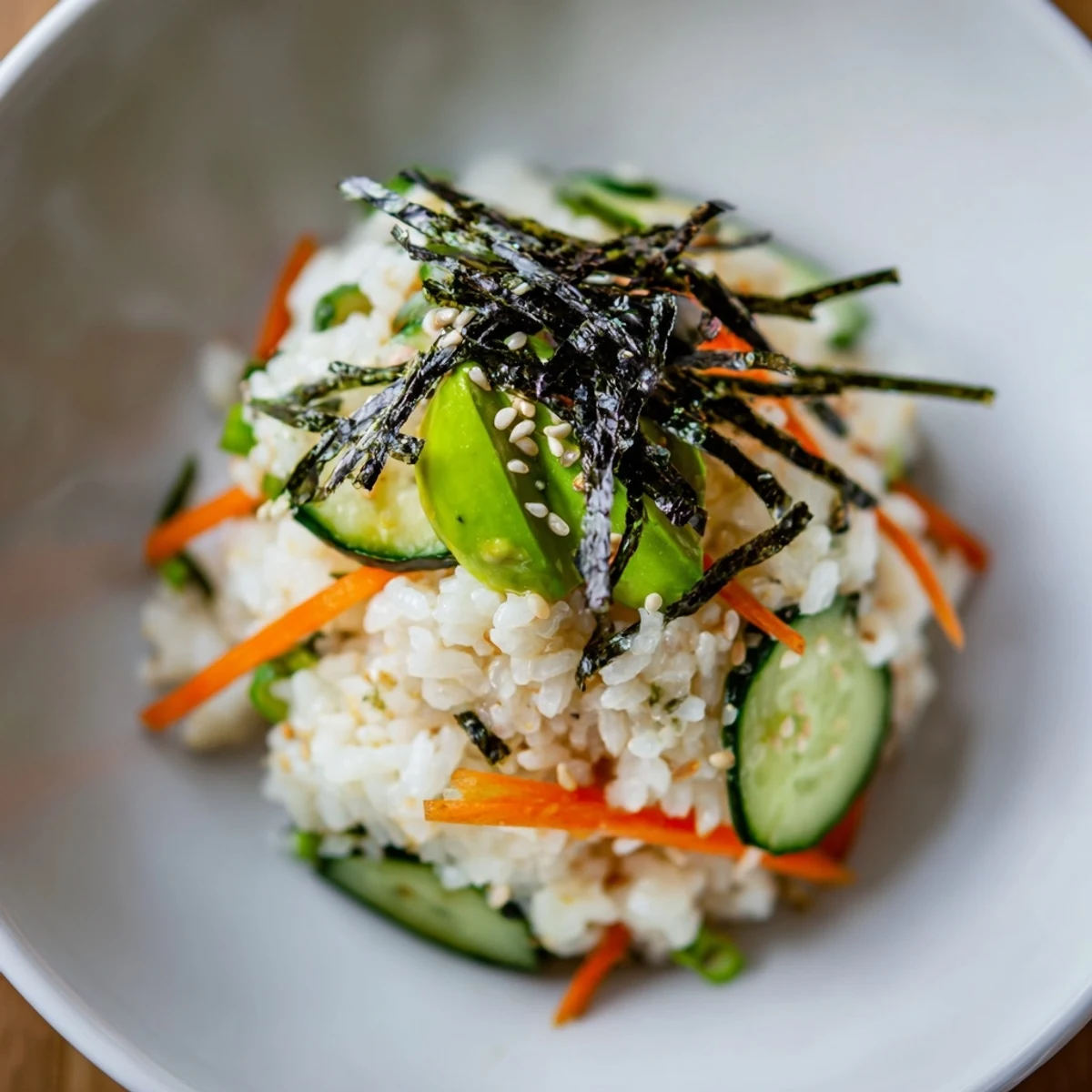 Cool, refreshing Sushi Cucumber Salad featuring sushi rice, avocado slices, crunchy carrots