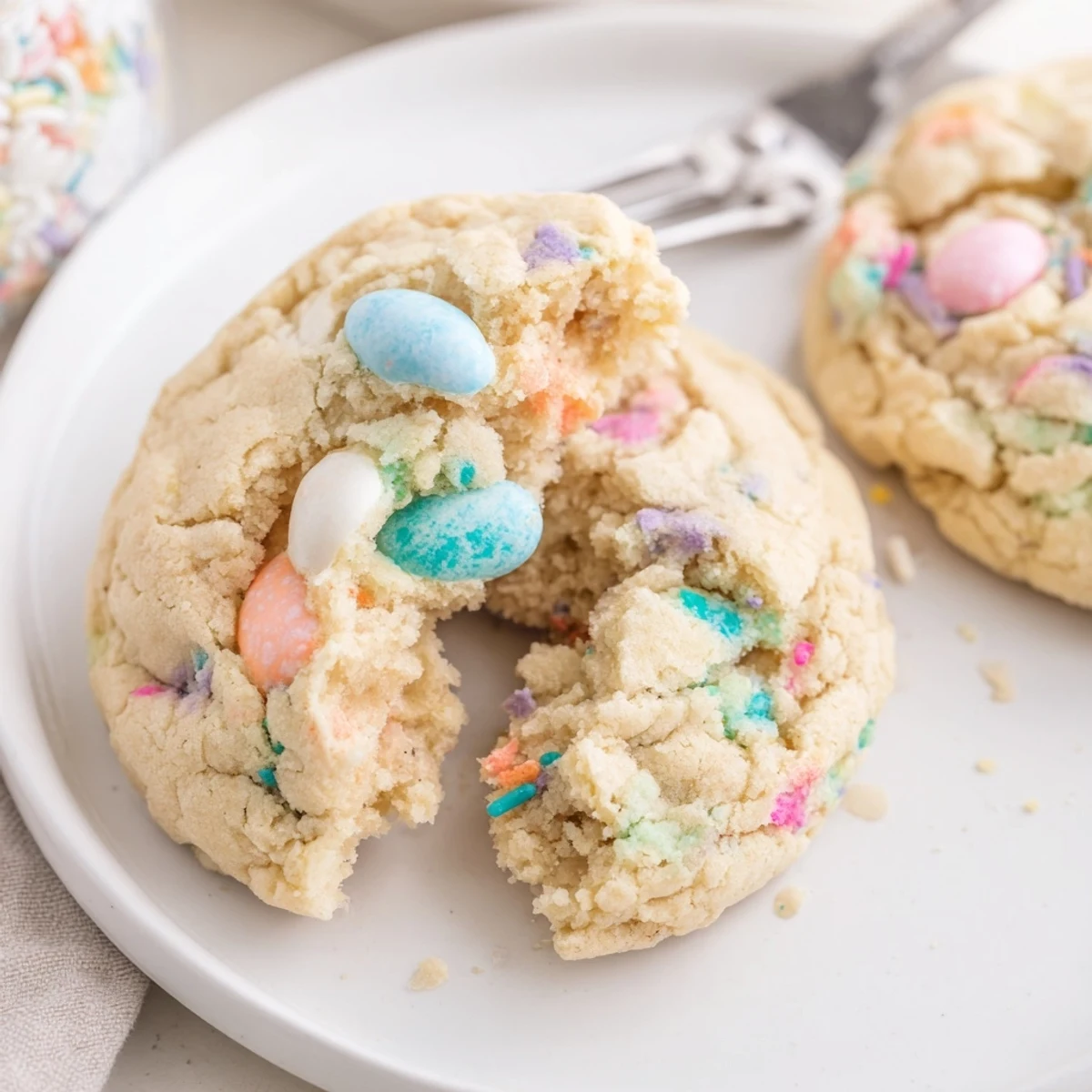 Easter Funfetti Cookies warm from oven, soft centers dotted with pastel candies