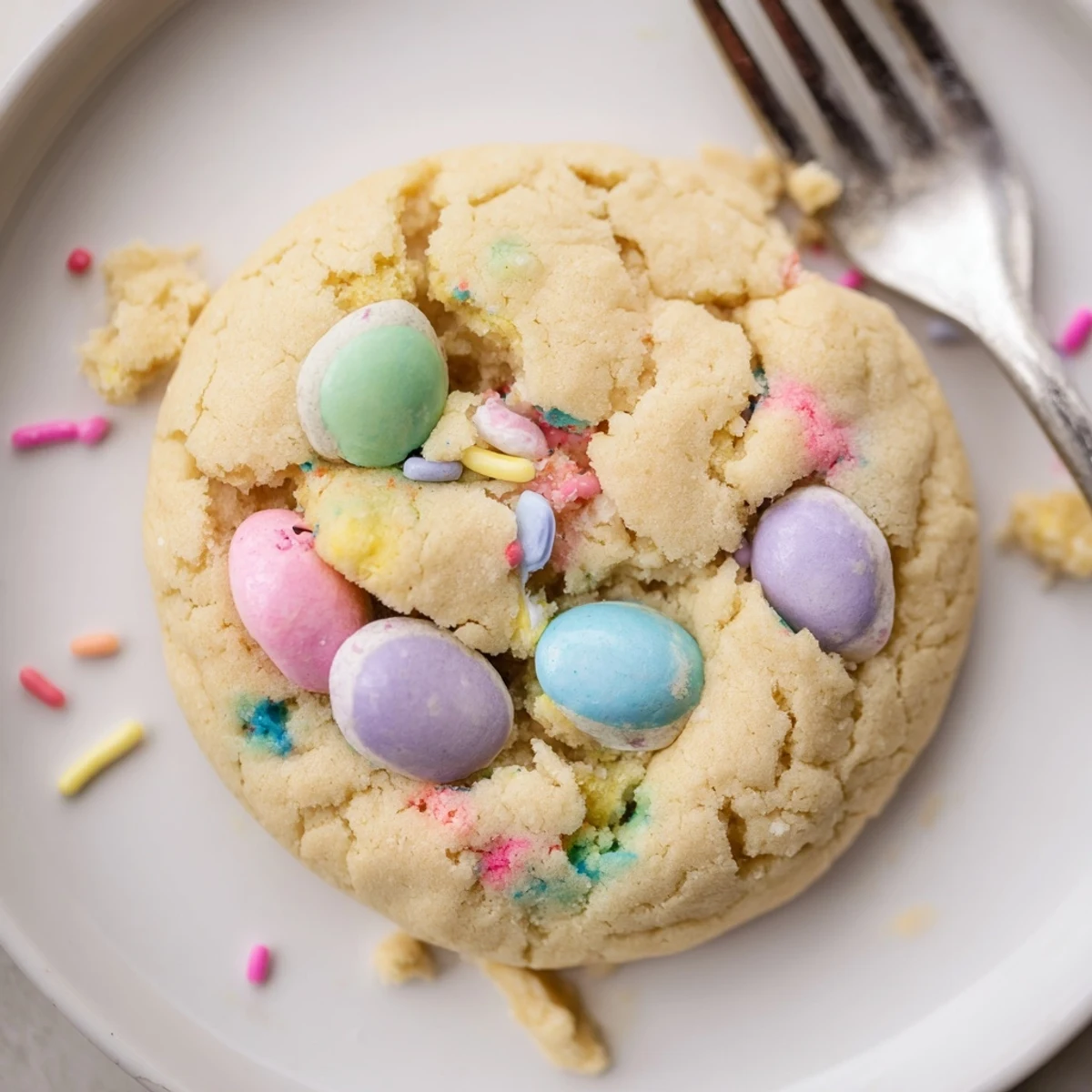 Plate of Easter Funfetti Cookies stacked, colorful sprinkles sparkling against golden edges