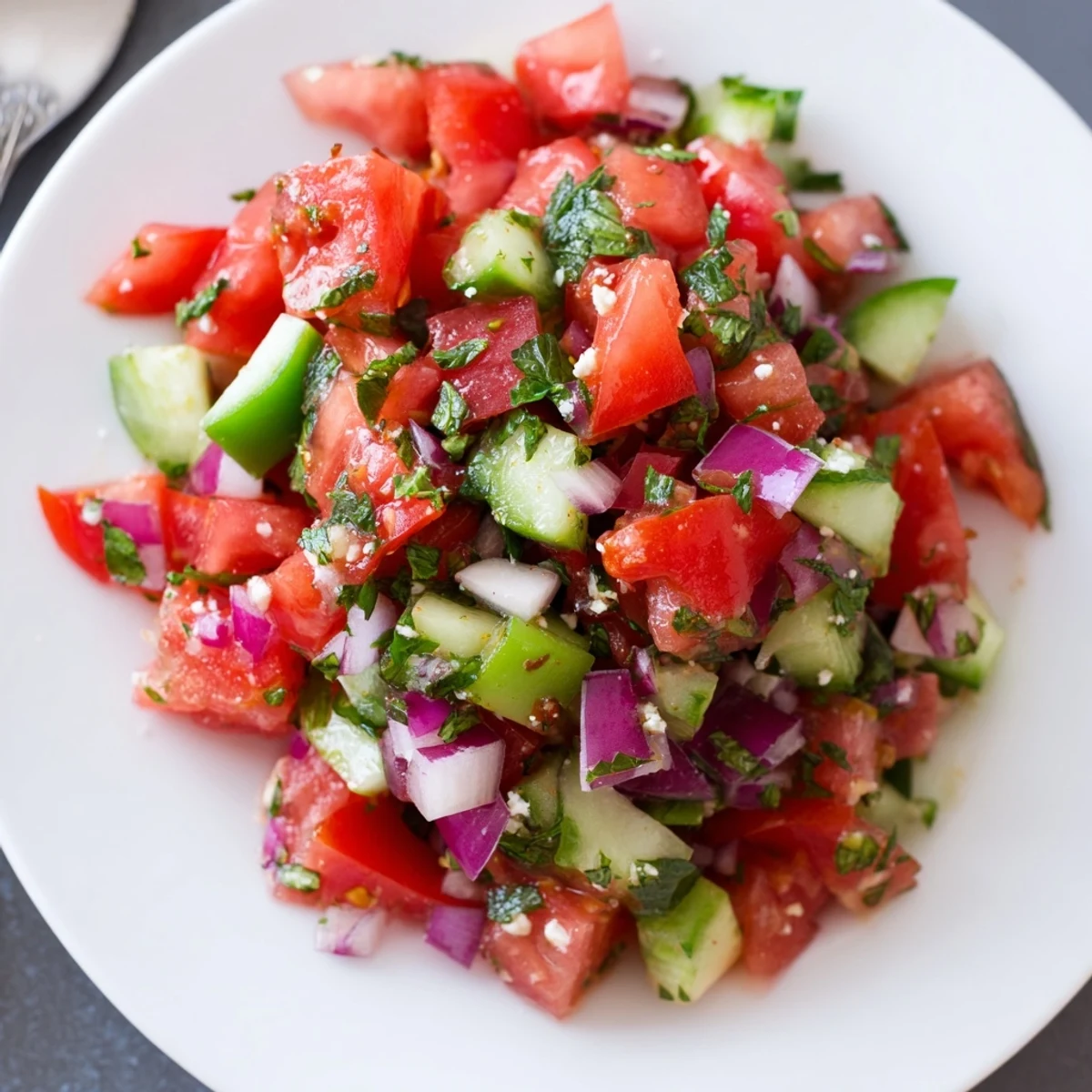 Turkish Shepherds Salad with juicy tomatoes, crisp cucumbers, bright lemon dressing.