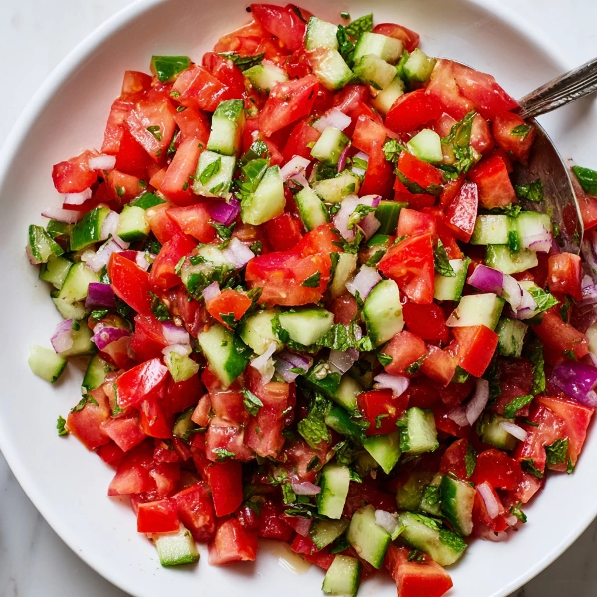 Vibrant Turkish Shepherds Salad topped with crumbled feta, fragrant parsley, olive drizzle.