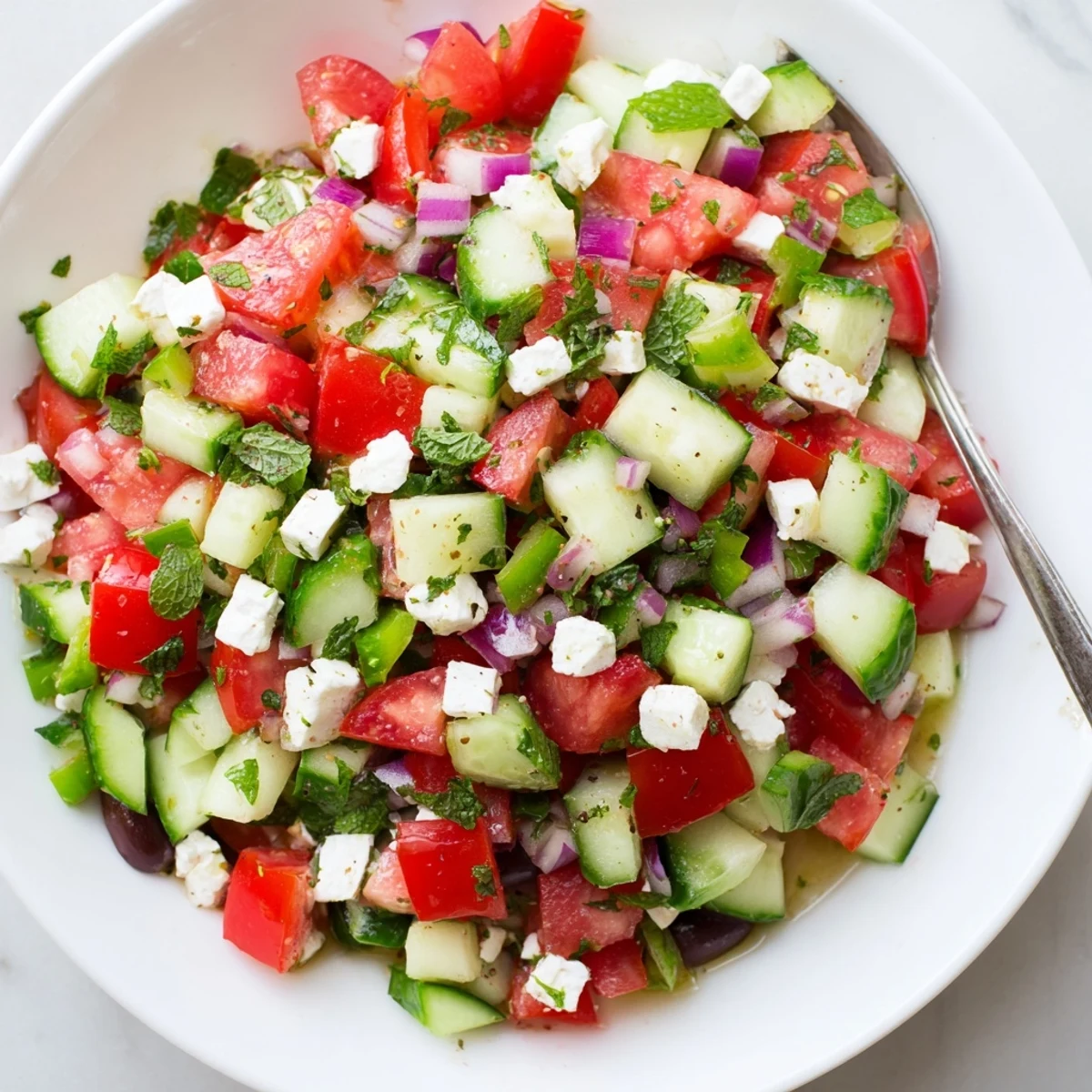 Cold Turkish Shepherds Salad served alongside grilled lamb, fresh mint garnish.